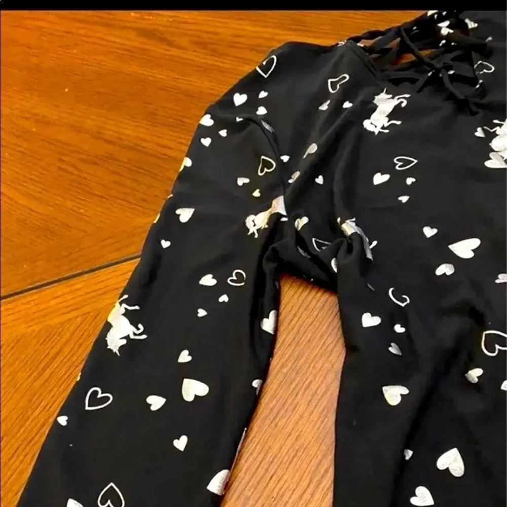 Girls Justice Unicorn & Heart Long Sleeve Dress Size 12/14 Black &‎ Silver